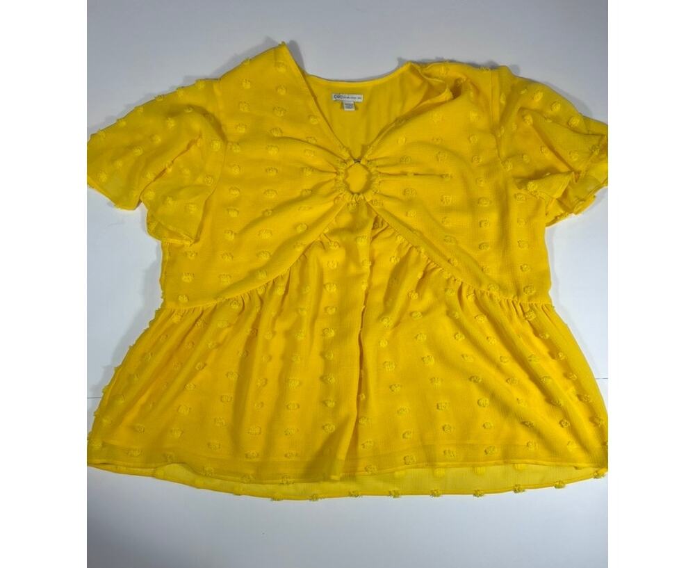Cato Plus Size 14W 16W Yellow Swiss Dot Flutter Sleeve Peplum Blouse Top Chiffon